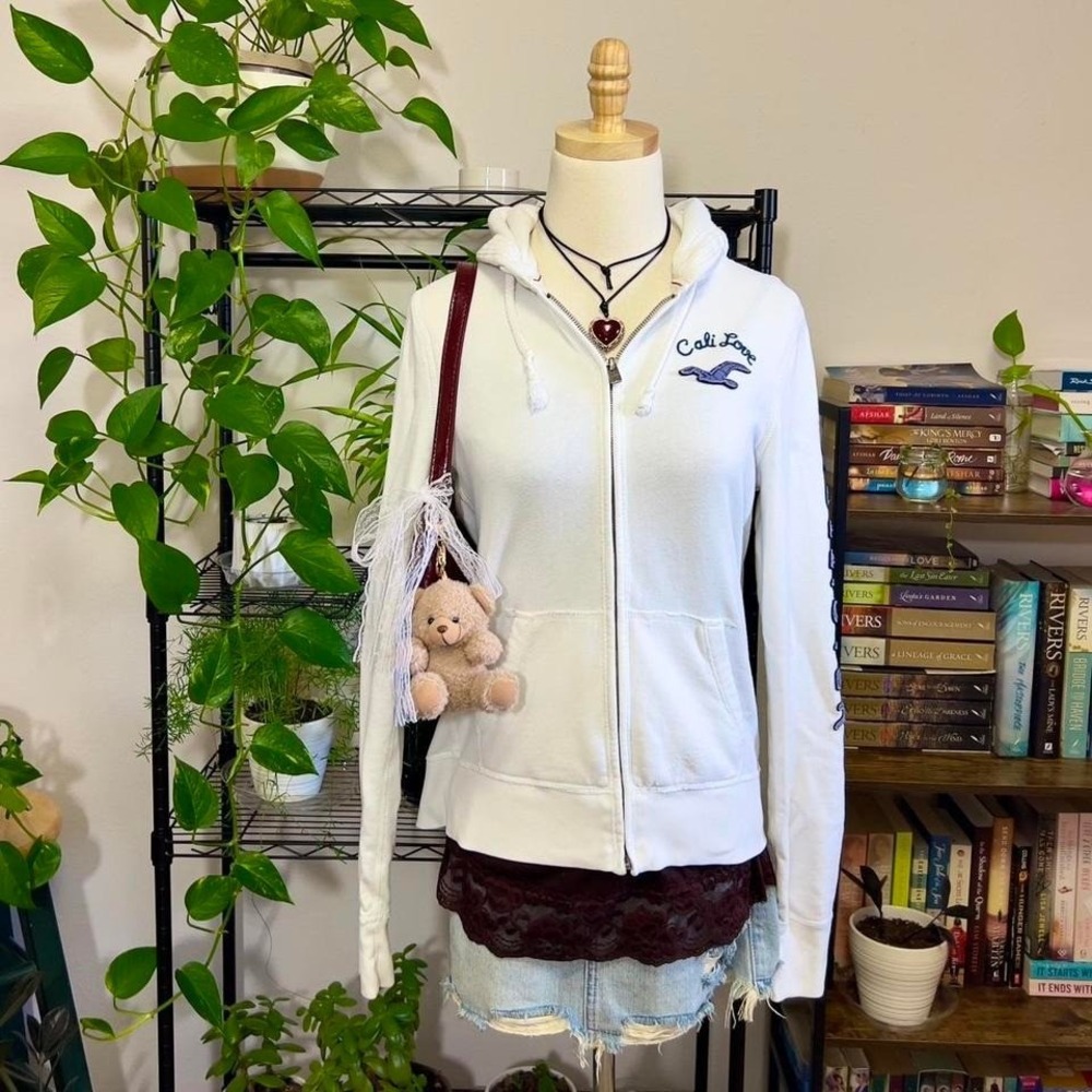 Vtg Y2K Hollister Full Zip Hoodie Jacket Women L Cali Love White Spellout Logo